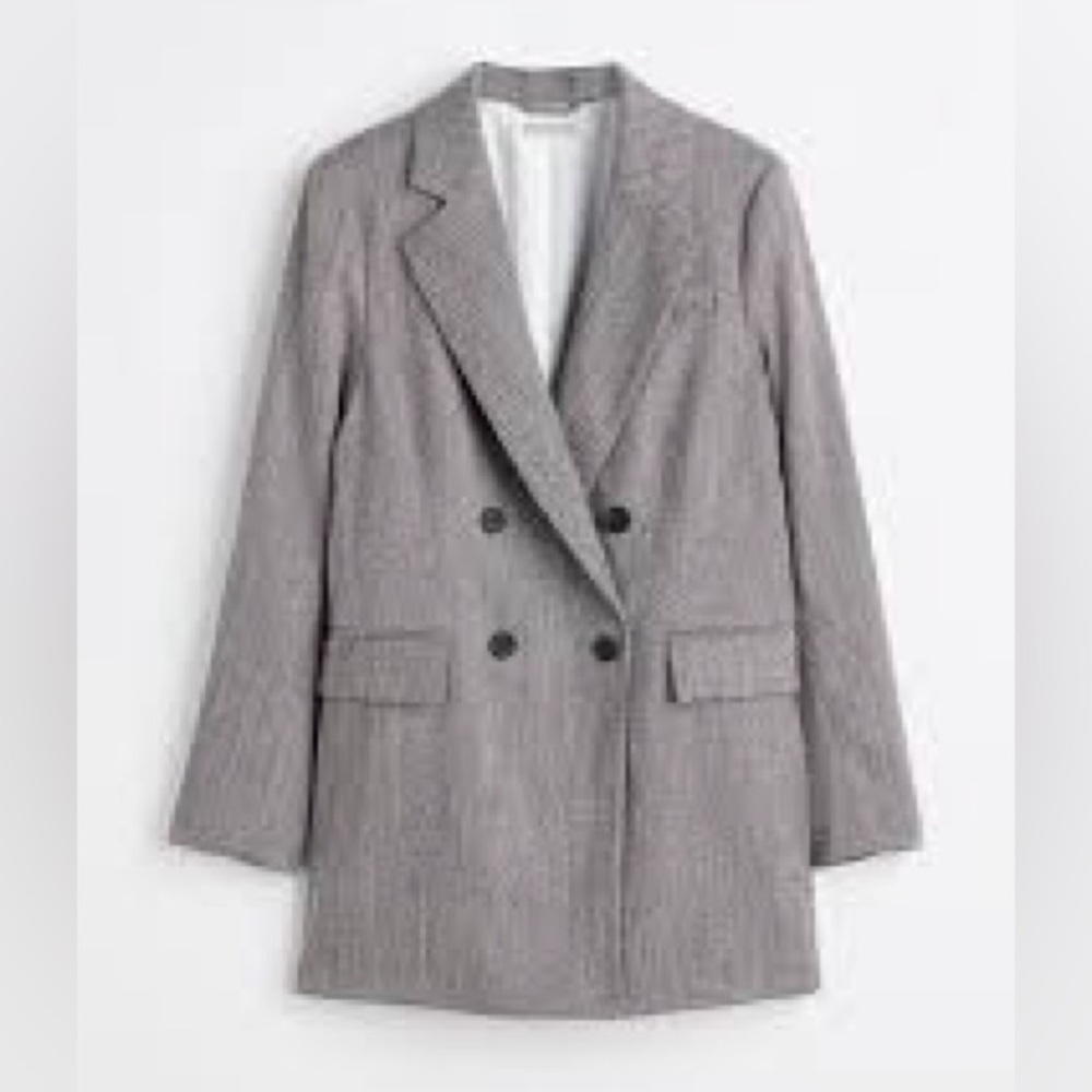 H&M Grey Black White Herringbone Double Breasted Oversized Blazer Size Small - Picture 2 of 7